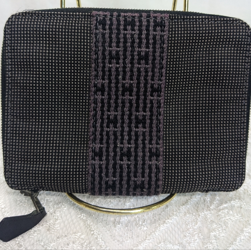 HERMES Zip Around Fabric Wallet W/ Purple Monogram "H" Webbed-Belting Detail